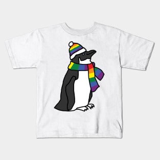 Penguin and Rainbow Pride Flag Hat and Scarf Kids T-Shirt